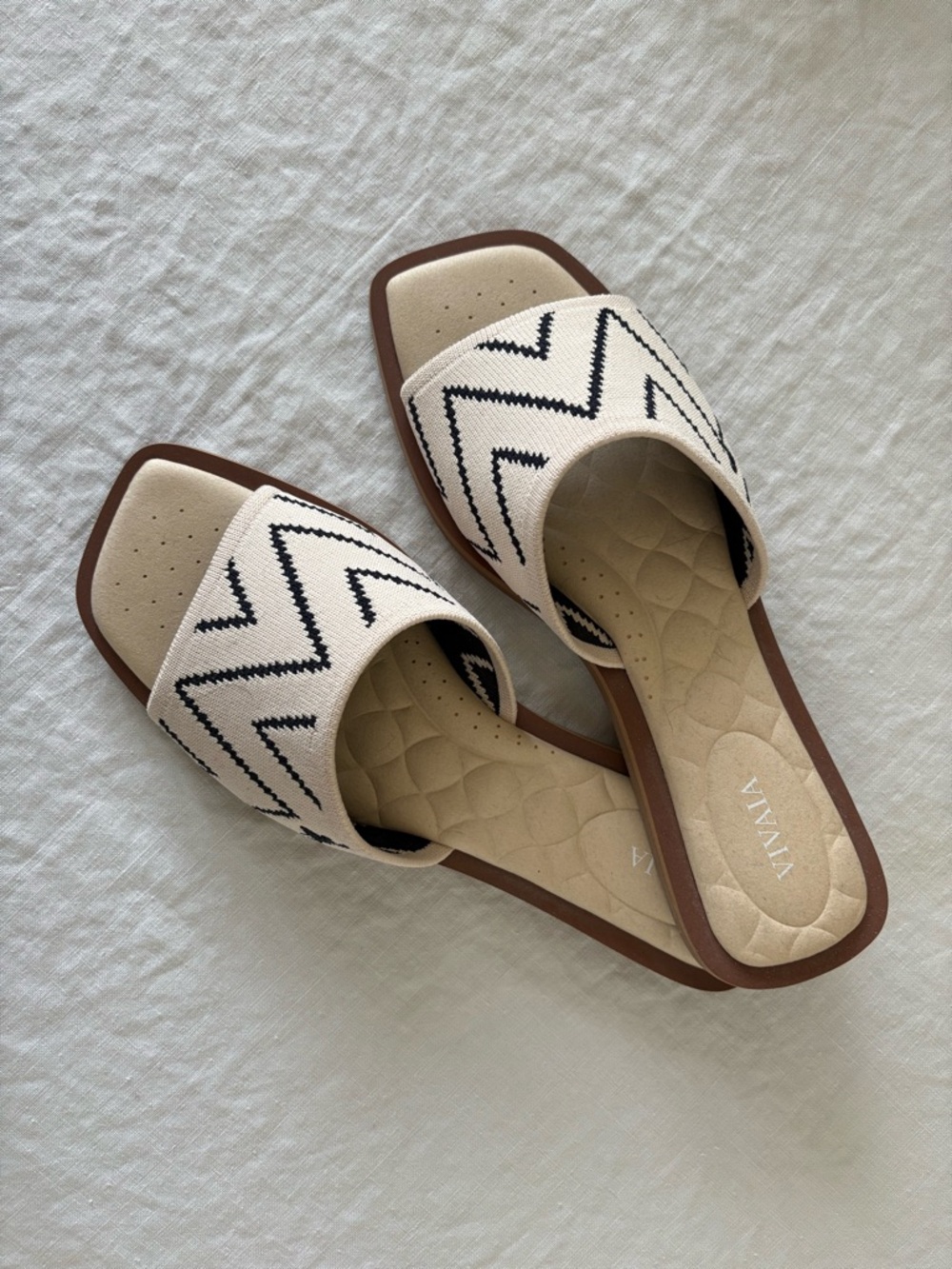 VIVAIA Cream Chevron Slide Mules with Black Stitch Detail